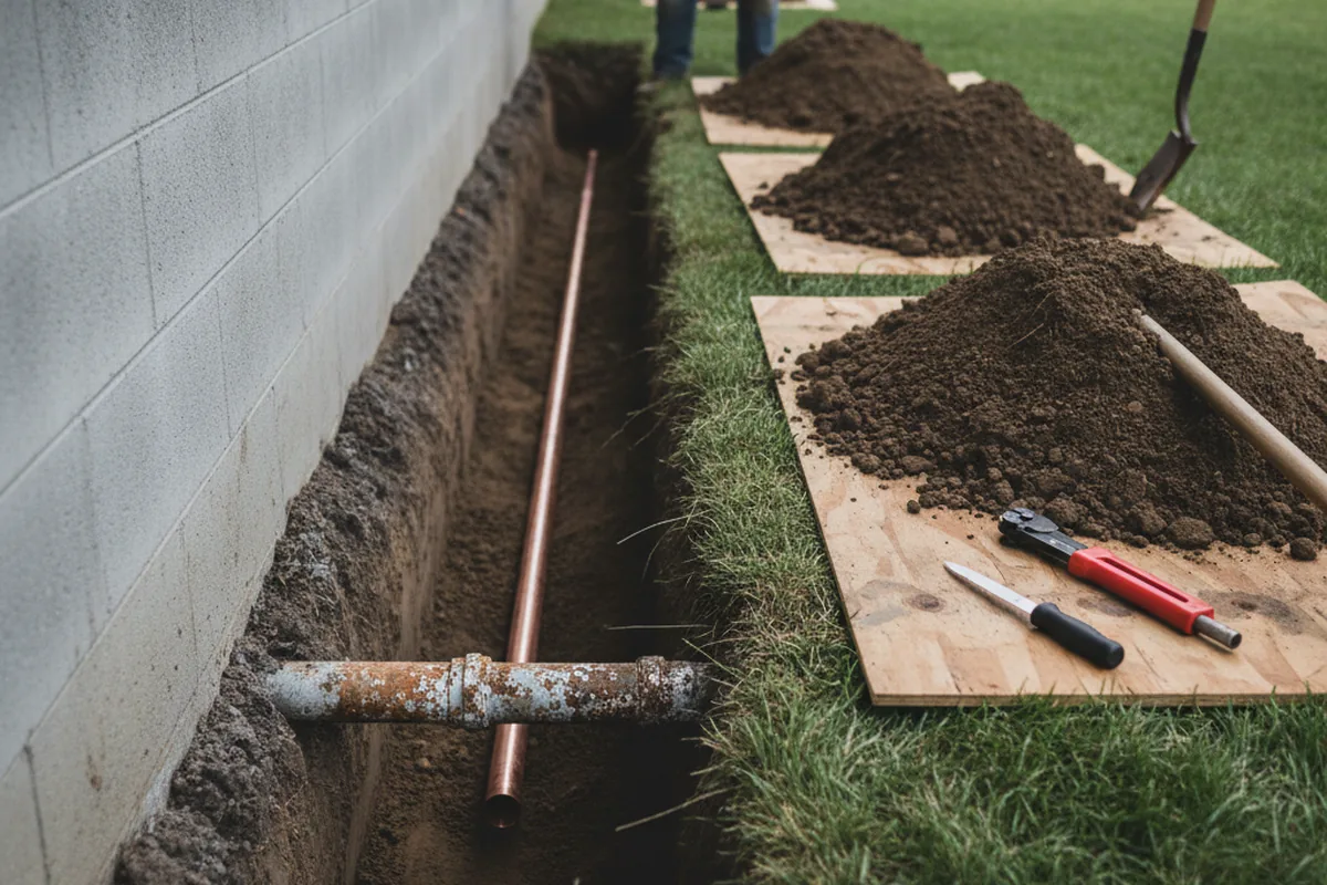 Excavated water line trench during Sewer Line Repair in Warrington